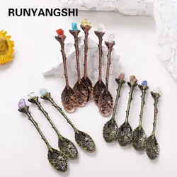 Random color Natural Crystal Raw Gemstone Mini Spoon Healing Crystal Coffee Spoon Dessert Tea Flatware Home Decor