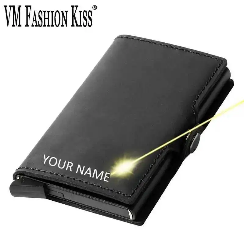 

VM FASHION KISS, винтажный кожаный бумажник с застежкой, Rfid, алюминиевый, унисекс, металлический держатель для кредитных карт, минималистичный кошелек