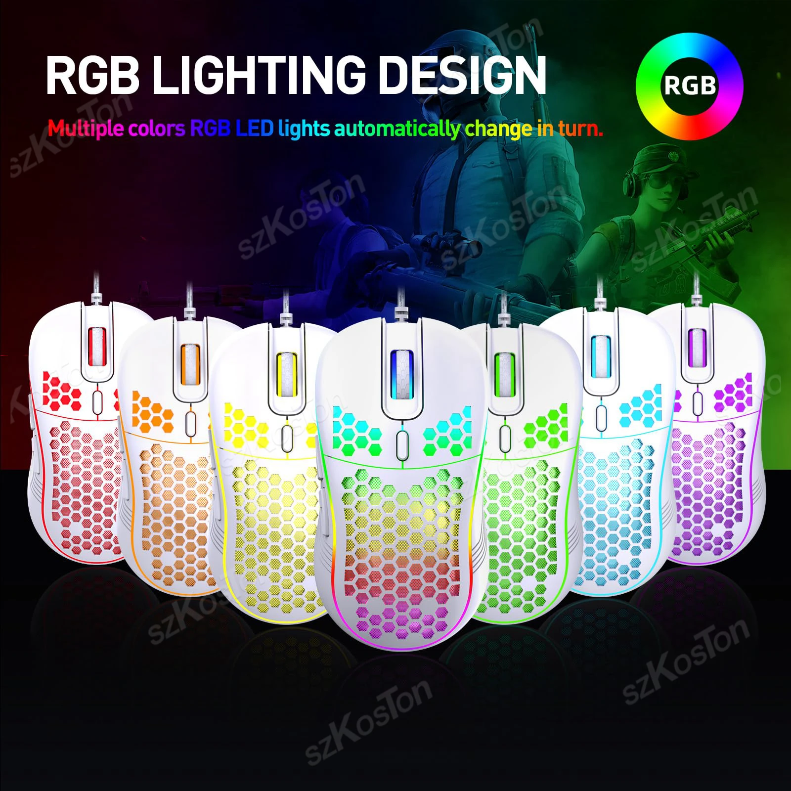 ماوس ألعاب سلكي RGB بتصميم مريح 6 مستويات قابلة للتعديل 7200 ديسيبل متوحد الخواص مع إضاءة خلفية لألعاب الكمبيوتر المكتبي