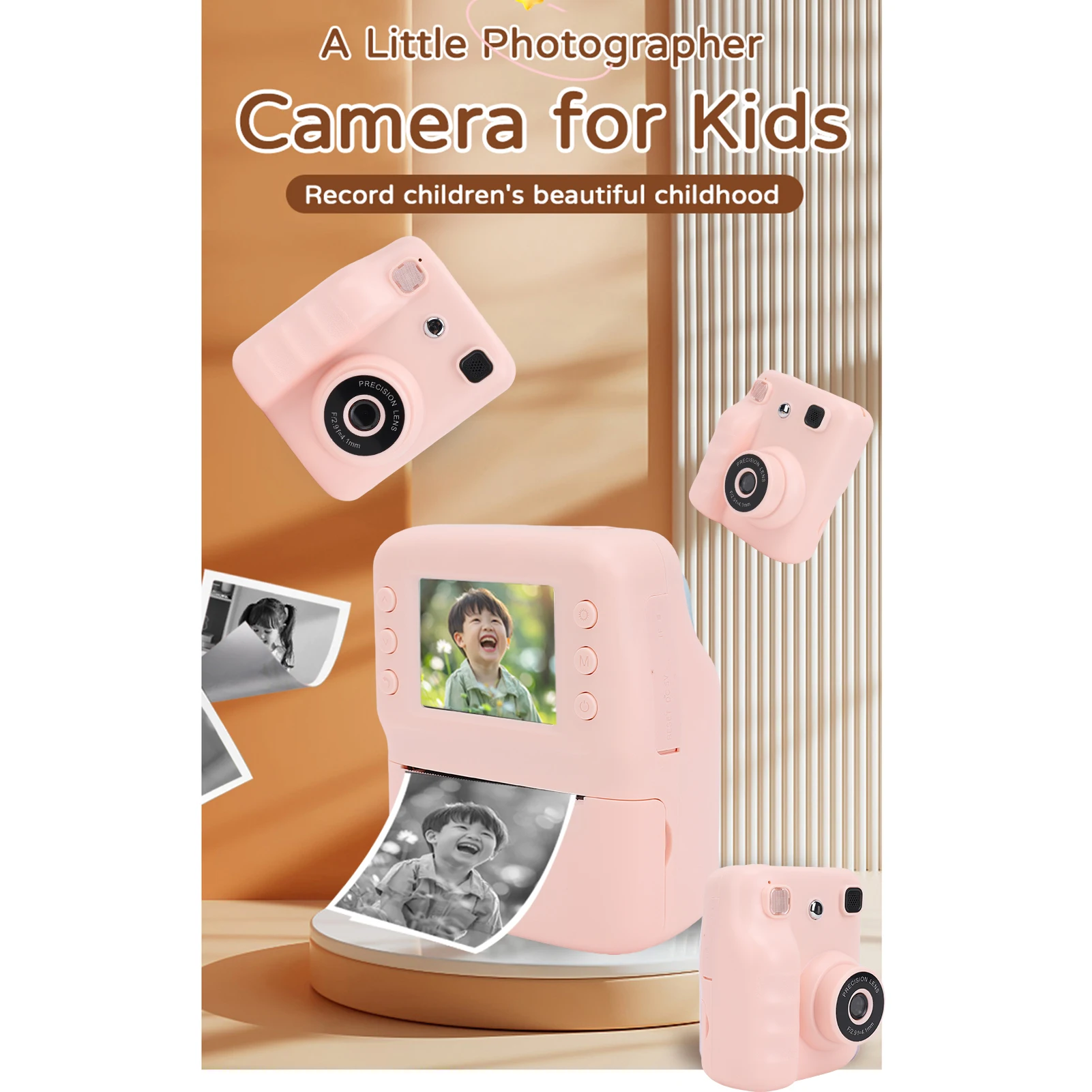 

Детская камера для мгновенной печати, цифровая камера 30 МП с 2,4-дюймовым HD-экраном, печать в один клик, перезаряжаемый термопринтер 200 точек на дюйм