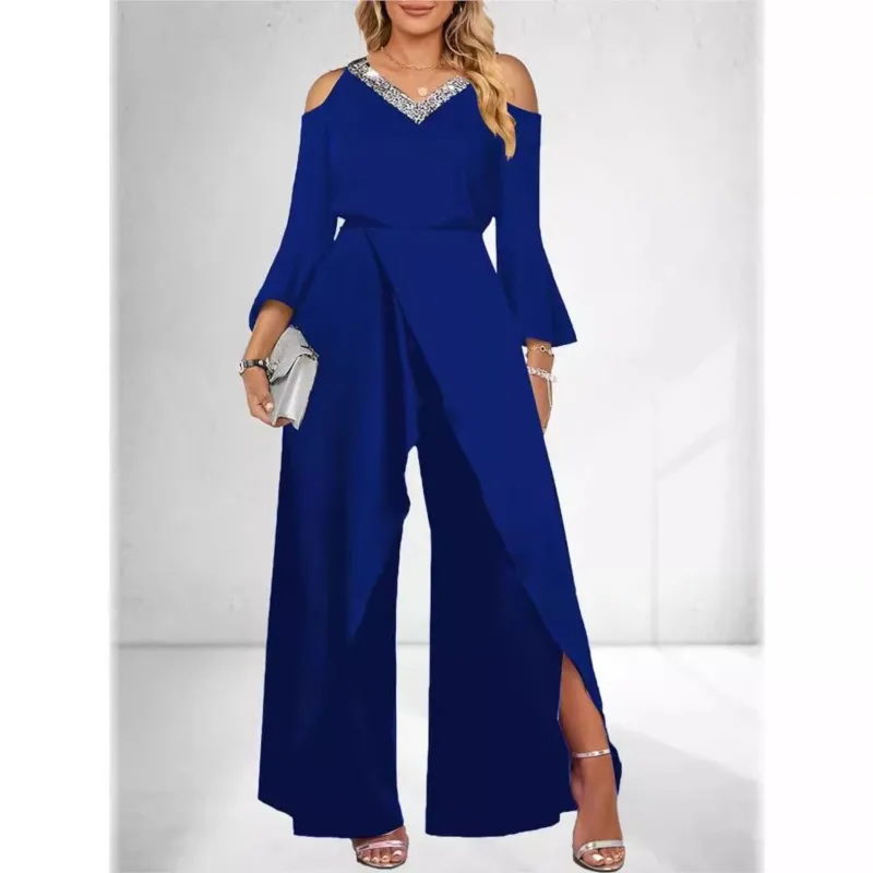 Autumn Women's Sexy Cold Shoulder Jumpsuit Sequin Decorate Flared Sleeve High Slit Wide Leg Party Elegant Romper Spring New