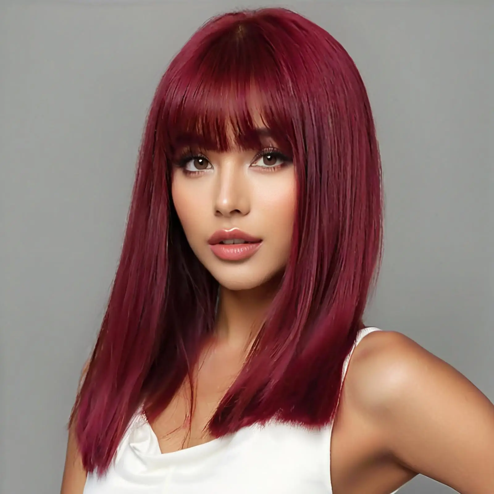Wine Red Long Straight Synthetic Wig with Royal Sister Qi Bangs High-Quality Chemical Fiber Fashionable Women's Hair Wig image 3