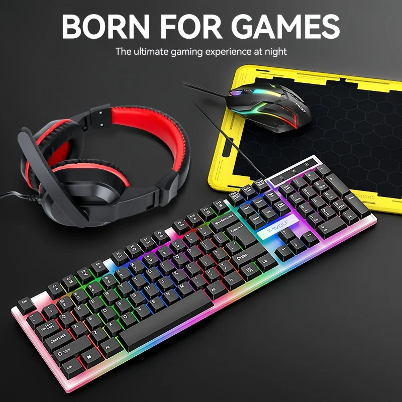 

Клавиатура и мышь с USB-разъемом 4-в-1. Подходит для ноутбуков и настольных компьютеров. Набор проводной клавиатуры и мыши, 104 клавиши с RGB-подсветкой.