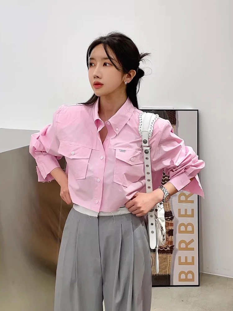 Luźna koszula damska z bawełny, kołnierzyk, wiosenna nowość, modna, uniwersalna, podwójny kołnierz, postrzępiony design.