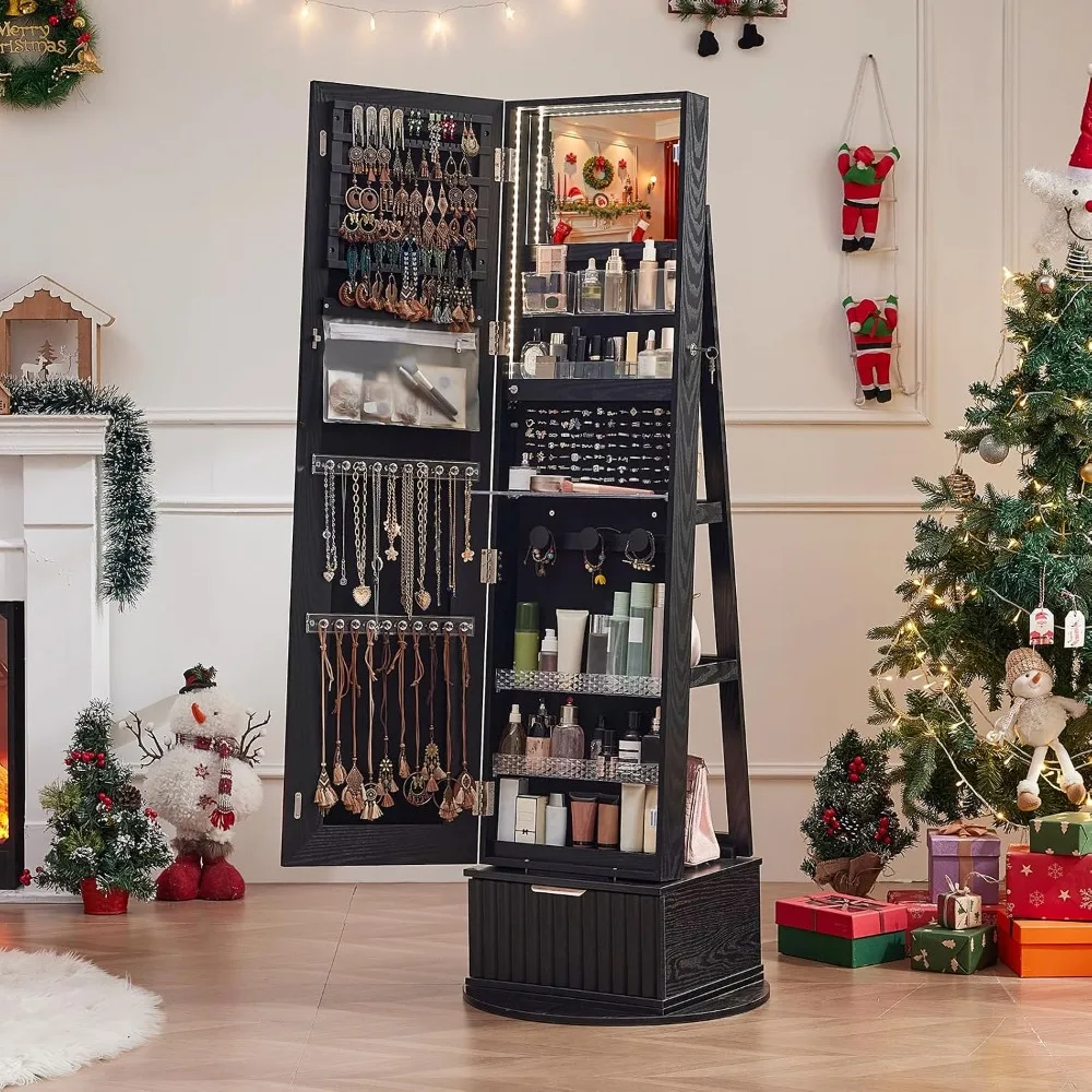 Fluted 360 Swivel Jewelry Armoire Standing with Full Length Mirror