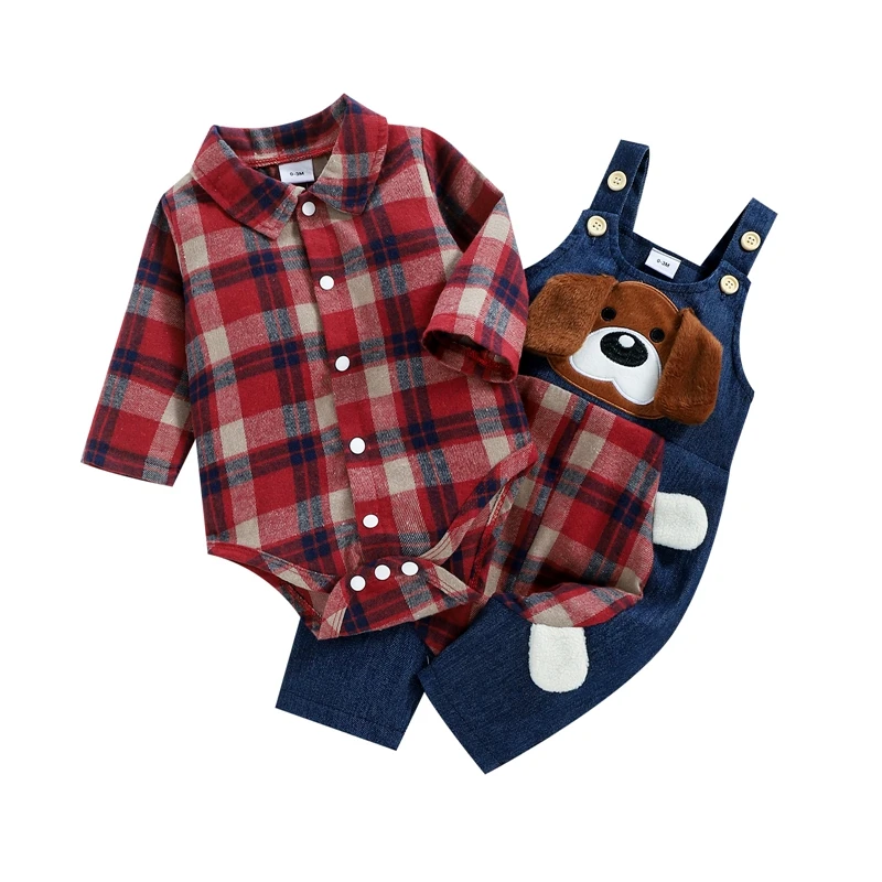 

Infant Baby Boys Suit Spring Autumn Long Sleeve Plaid Romper Cartoon Dog Pattern Long Suspender Pants