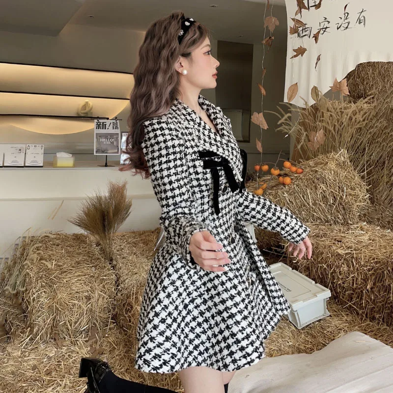 Autumn Winter 2025 New Houndstooth Coat Women\'s Overcoat Fashion Slim Sweet Double-Breasted Woolen Jacket Princess Suit Skirt