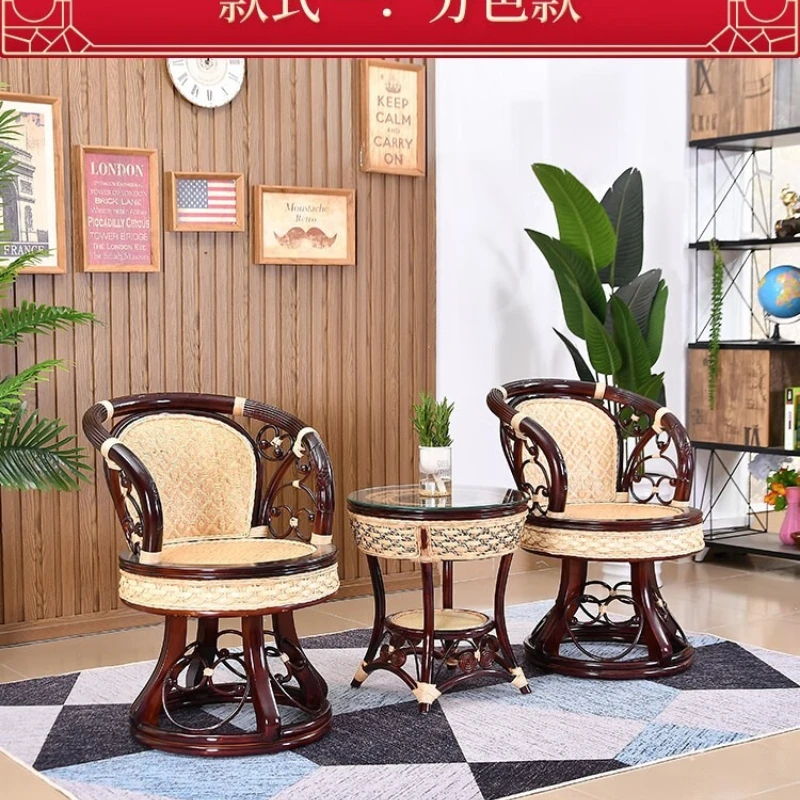 Table and chair combination indoor solid wood backrest single leisure Xiaoteng chair rotating rattan chair