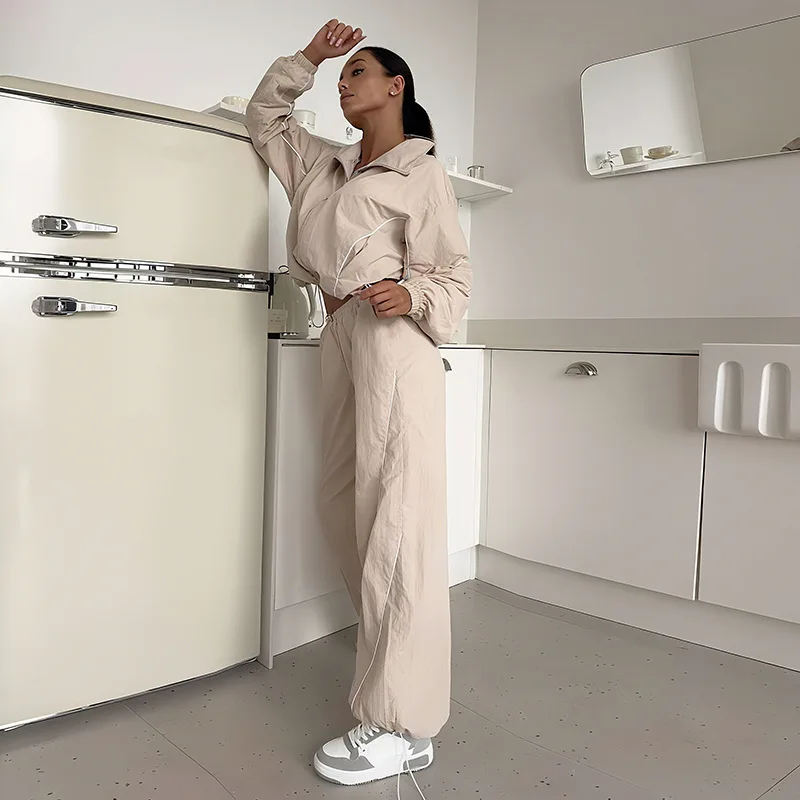 秋の新女性のファッションジッパーターンダウンカラージャケットコート & 巾着ハイウエストカジュアルロングパンツセット