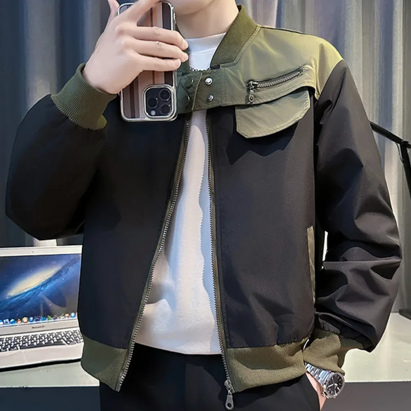 

Vintage Bomber Jacket Korean Cool Baseball Collar Patchwork Color Block Workwear Jacket Coat Club Outfit Men Hip Hop Jacket