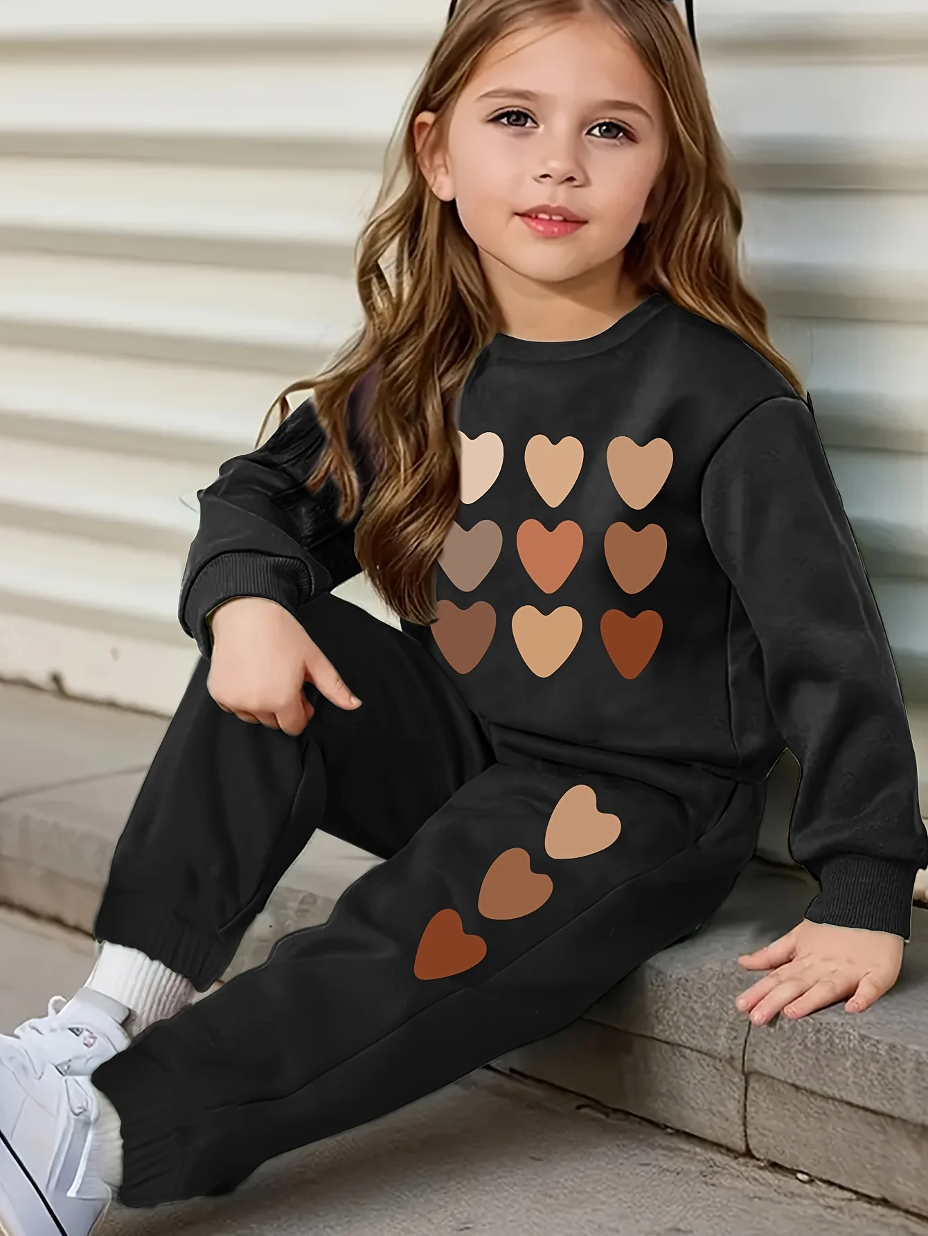 Autumn Kid Girls Clothes Set Colorful Heart Printed Sweatshirts Pullover Top And Pants 2 Pieces Suit Children Sweet Tracksuits