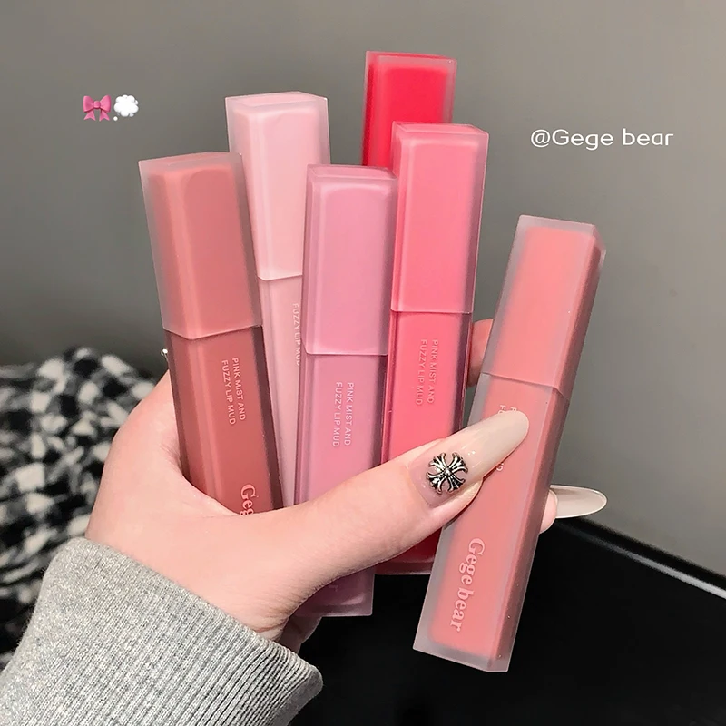 Gege Bear Mist Lip Mud Smalto per labbra, Argilla per labbra in velluto opaco Toni marroni per l'autunno e l'inverno Rossetto non essiccante a colori a lunga durata