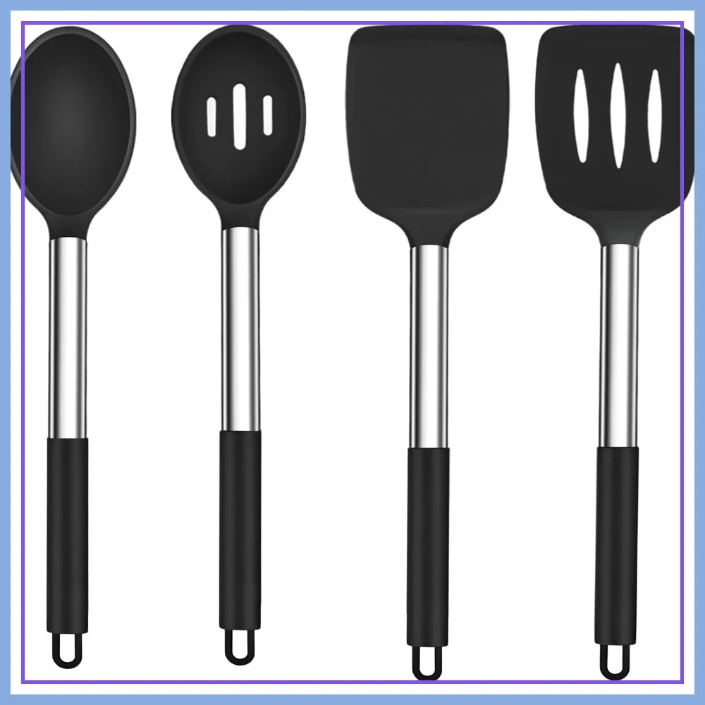 

4 PCS Silicone Kitchen Utensils Set with Stainless Steel Handle, Non-stick & Heat-proof, Dishwasher Safe