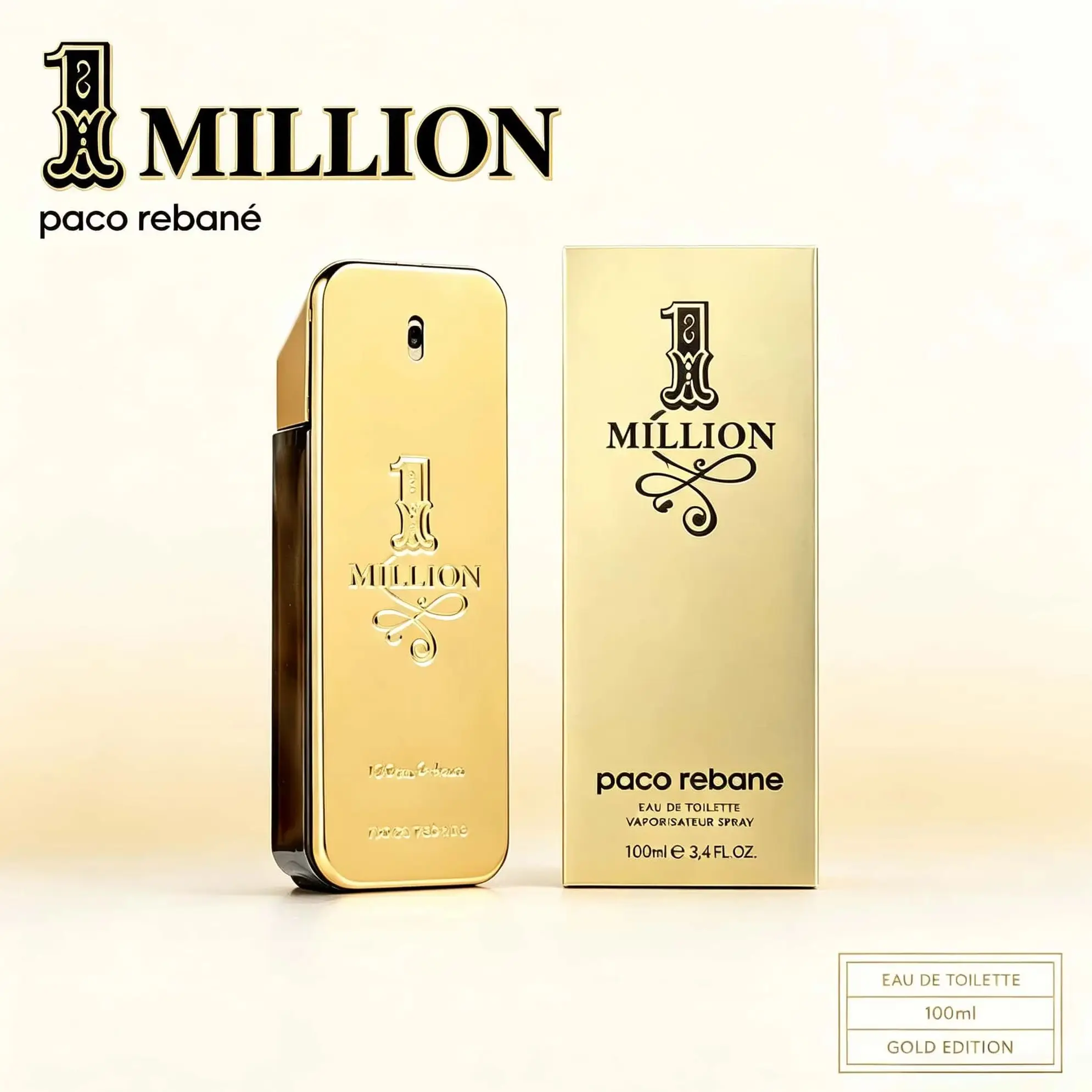 Paco Rabanne 1 Million Eau de Toilette Unisex Fragrance 100ml Luxurious Gold Metallic Rectangular Bottle Embossed Logo Premium Long‑Lasting Niche Perfume With Original Gift Box