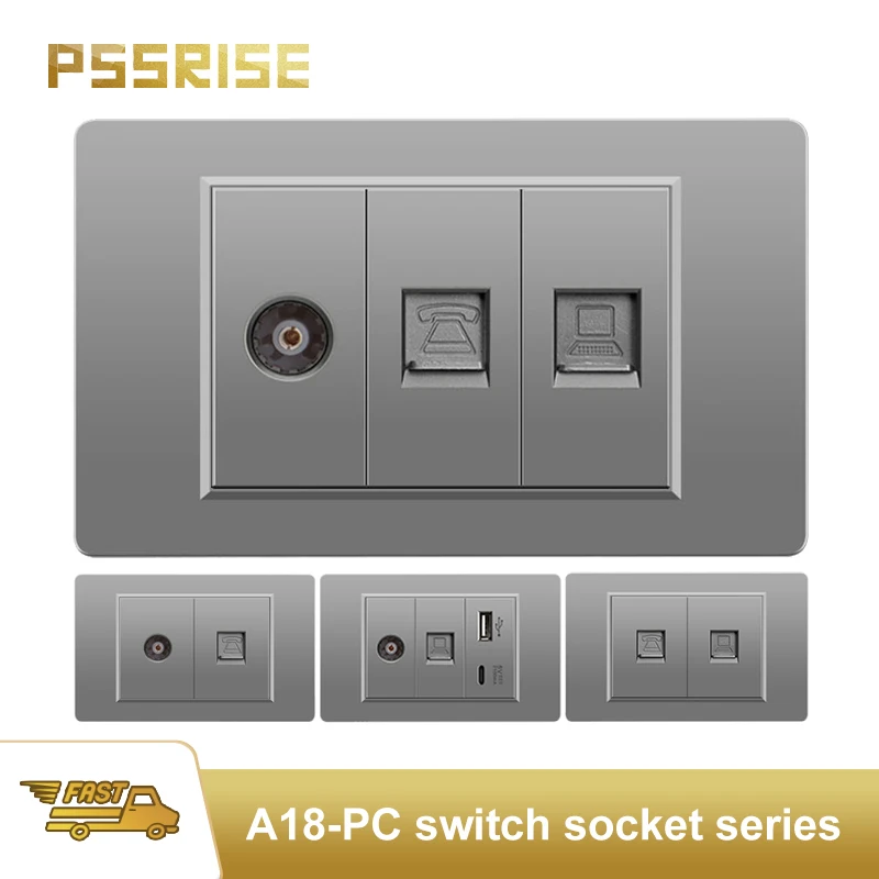 

PSSRESE Grey US AU EU BR Italy Standard Doorbell 1/2/3Gang Wall Socket with USB TypeC PC Panel TV Phone Computer Socket 118*74mm