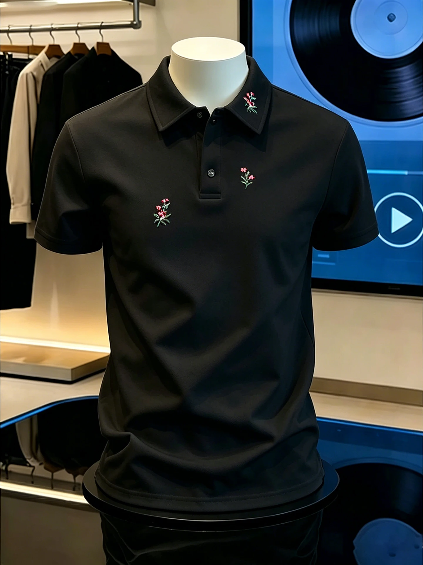 

Black Floral Embroidery Shirt Short Sleeve Men's Casual Cleanfit T-shirt Summer High Sensation Turn-down Collar Top