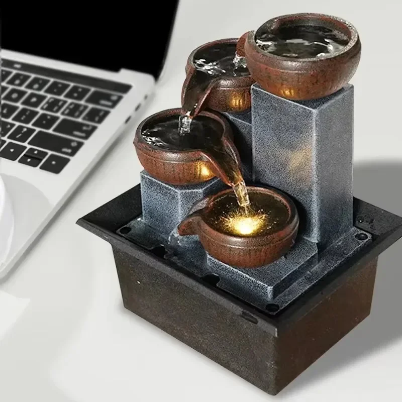 #Zen Meditation Water Fountain Polyresin Table Top Four Tier Laminar Flow LED Light For Home Office Relaxation
