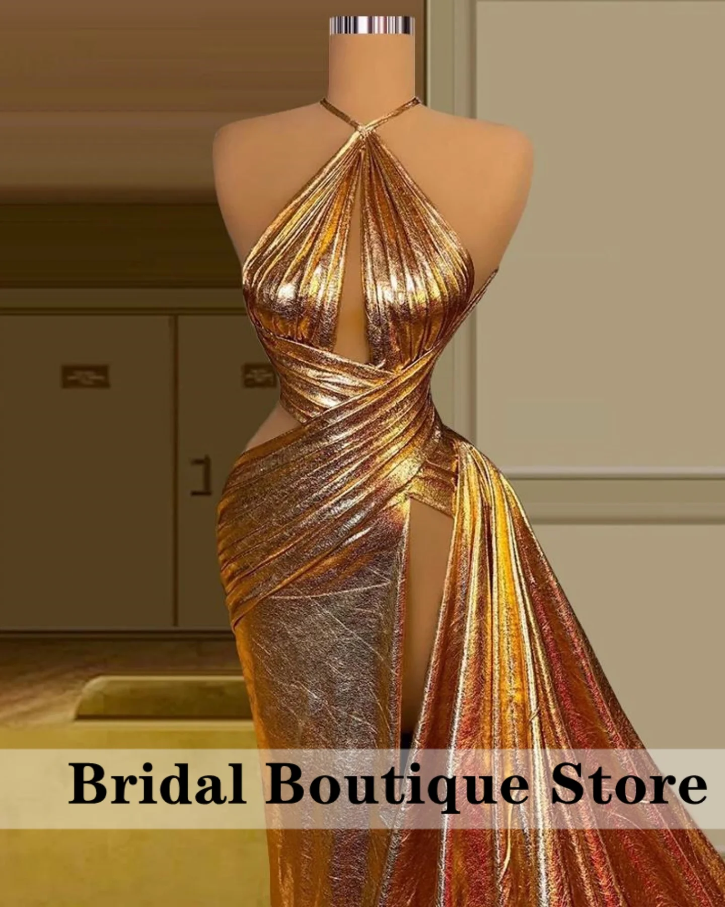 

Elegant Shiny Gold Halter High Slit Luxurious Women's Evening Dresses 2025 Dubai Train Celebrity Dress Prom Gown Customized