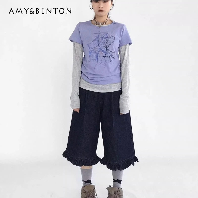 

Original Design Retro Dark Blue Ruffled Denim Women's Pants Summer New Low Waist Loose Slimming Versatile Capri Pants Ladies