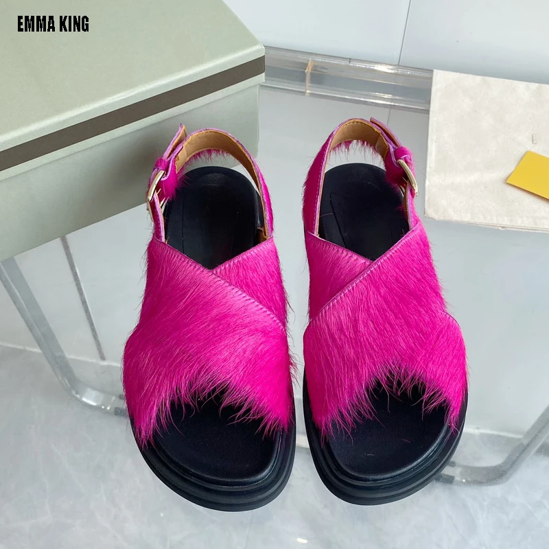 

New Women's Summer Flat Bottom Casual Horse Hair Casual Sandals Versatile X-Shape Decoration Mixed Fashion Holiday Shoes 2024