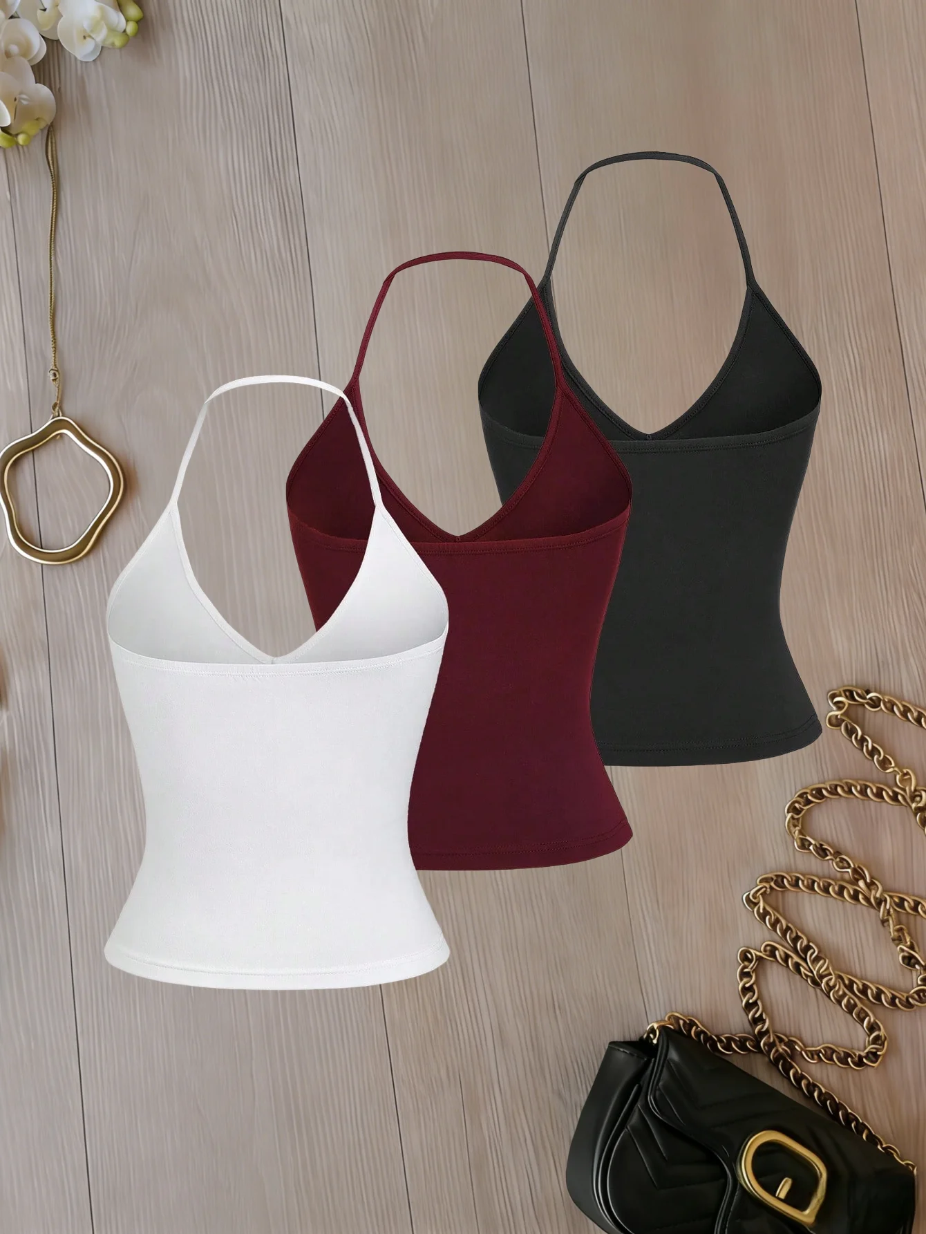 Women's Solid Halter V Neck Tank Top Slim Fit Stretch Knit Cami Sleeveless Basic Layering Camisole Vest For Daily Casual Wear