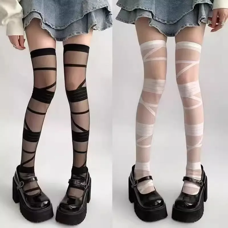 Ultrathin Women Spicy Girl Bandage Stripe Long Stockings Female Japanese Lolita Jk Y2k Sexy Summer Cross Tube White Stockings