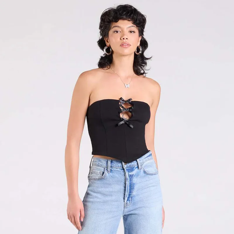 OSHFAL  Hollow out Bow Tie Top Pure Color Strapless Crop Top for Spring Summer Trendy European  Cross-Border Fashio
