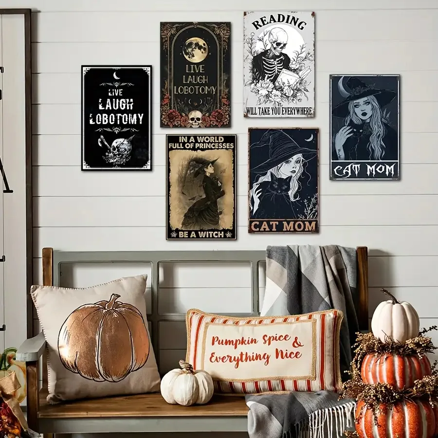 [JIT]6pcs Halloween Decorations Witch Decorative Cat Wall Art- 8 x 12 Inch Goth Mom Cat Art, Durable Rustproof, Vintage Sign wit