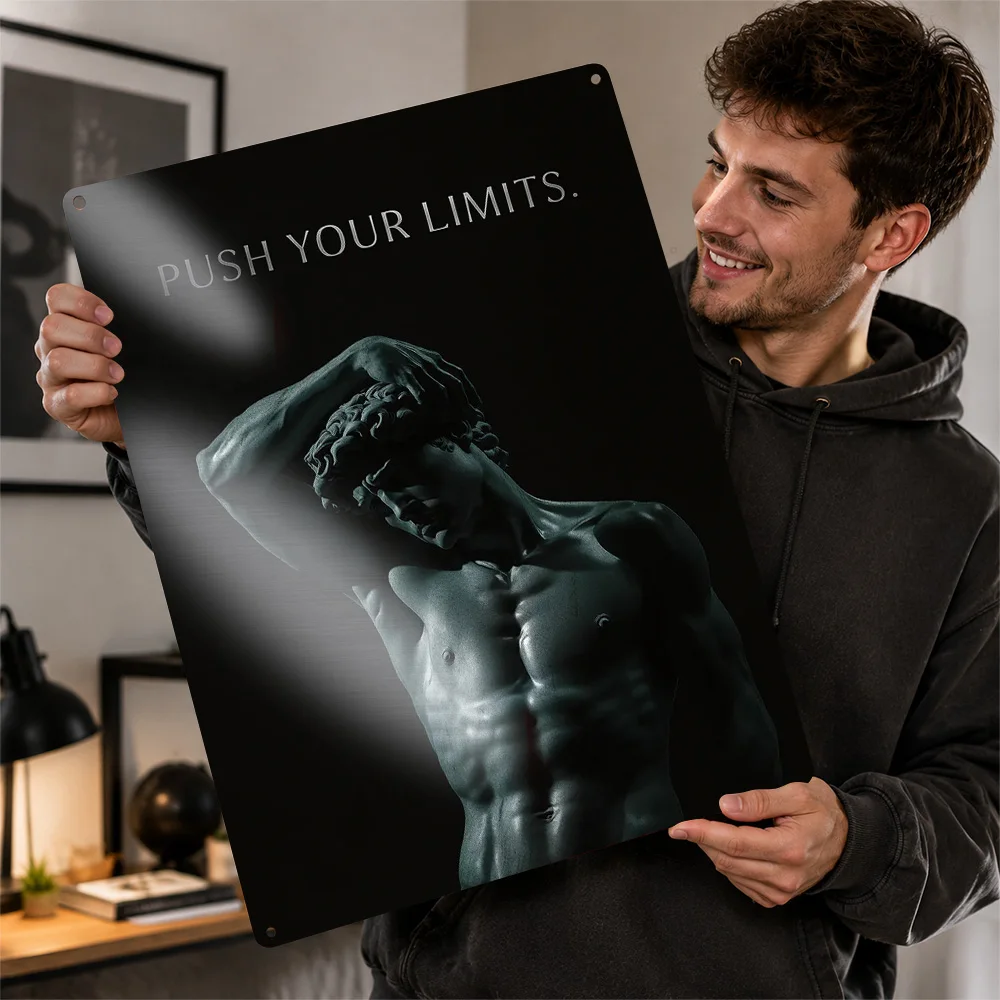Push Your Limits Male Statue Aluminum Poster Monochrome Wall Art For Bedroom Customized Metal Sign Philosophy Lover Gift Idea