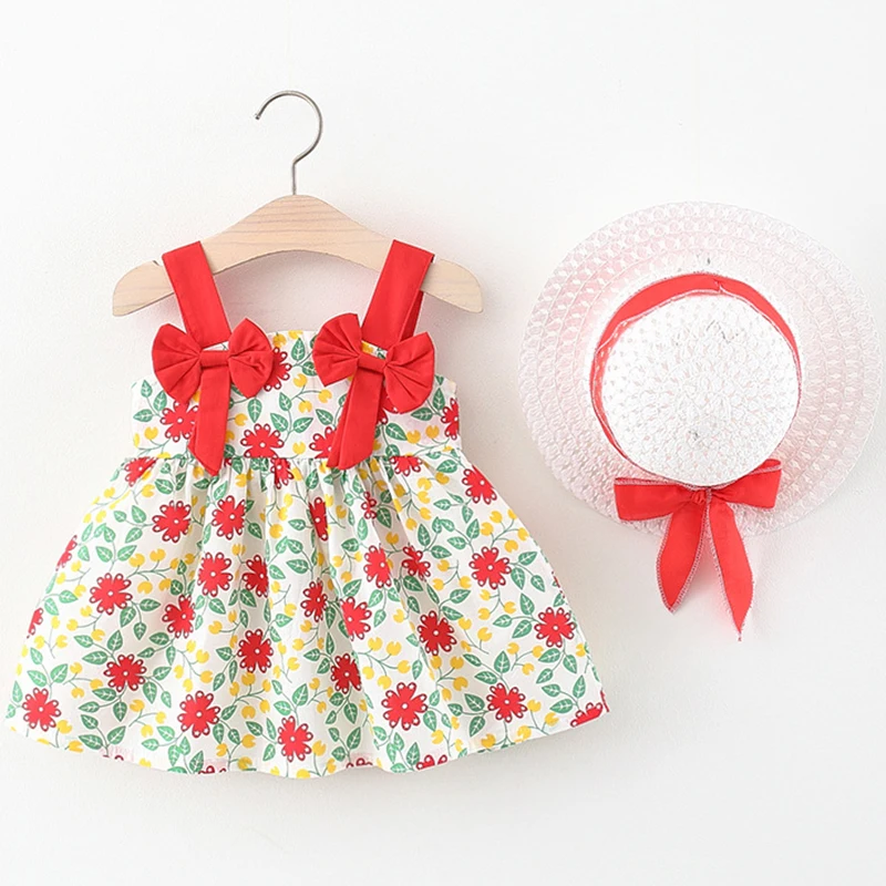 

2Piece Summer Newborn Baby Girl Clothes Korean Cute Bow Sleeveless Cotton Flowers Beach Princess Dress+Hat Kids Dresses BC2164-1