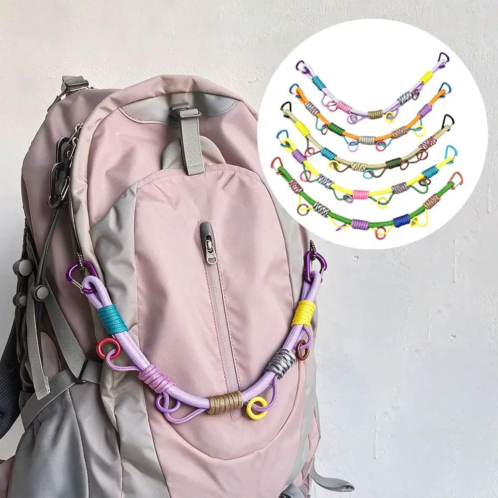 Colorful Hand‑Woven Paracord Backpack Extension Lanyard Multi‑Hanging Points Anti‑Lost Decorative Strap With Metal Carabiners