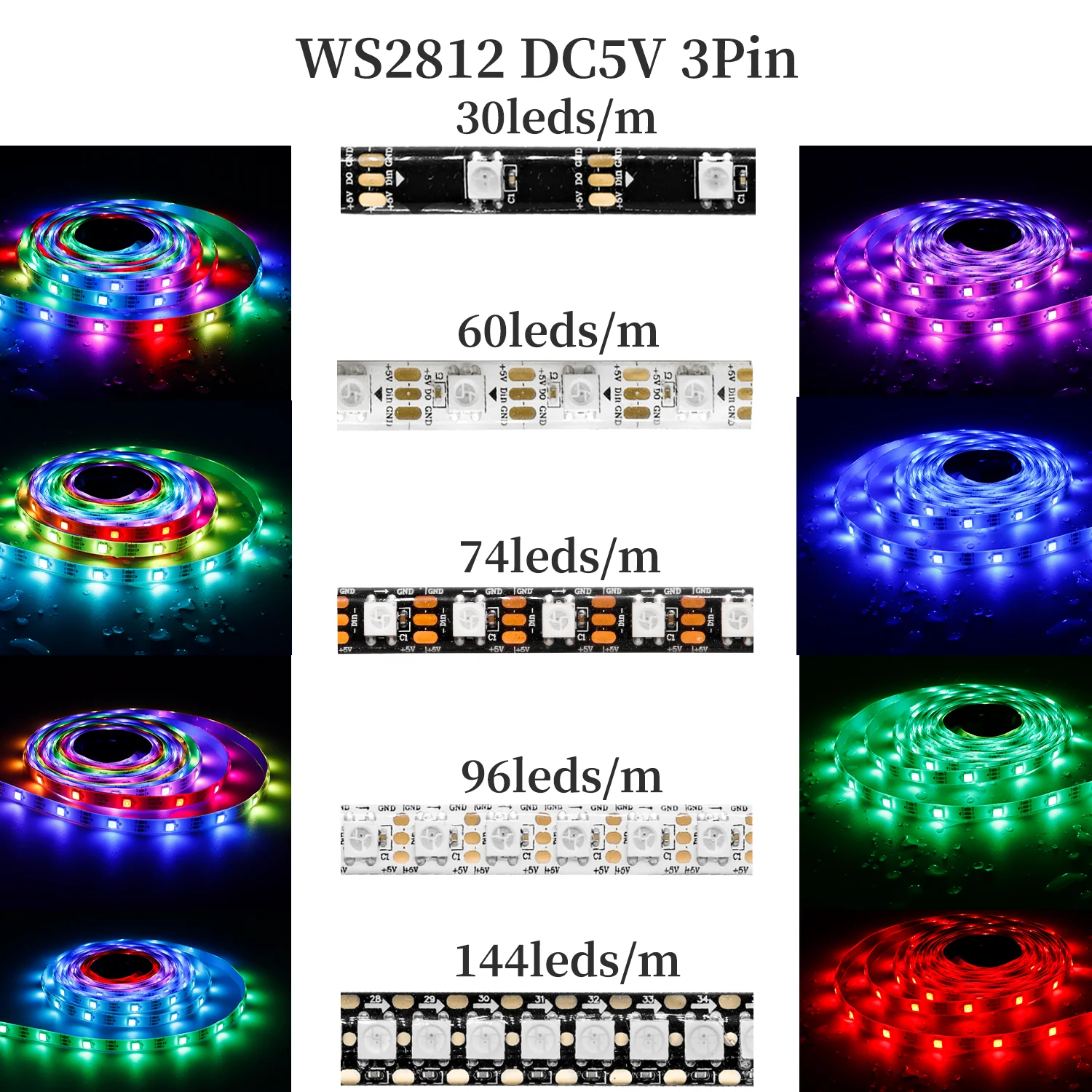 WS2812B WS2812 IC Individually Addressable Led light strip 30/60/74/96/144pixels/leds/m 5050 RGBIC Smart LED lighting lamp DC5V