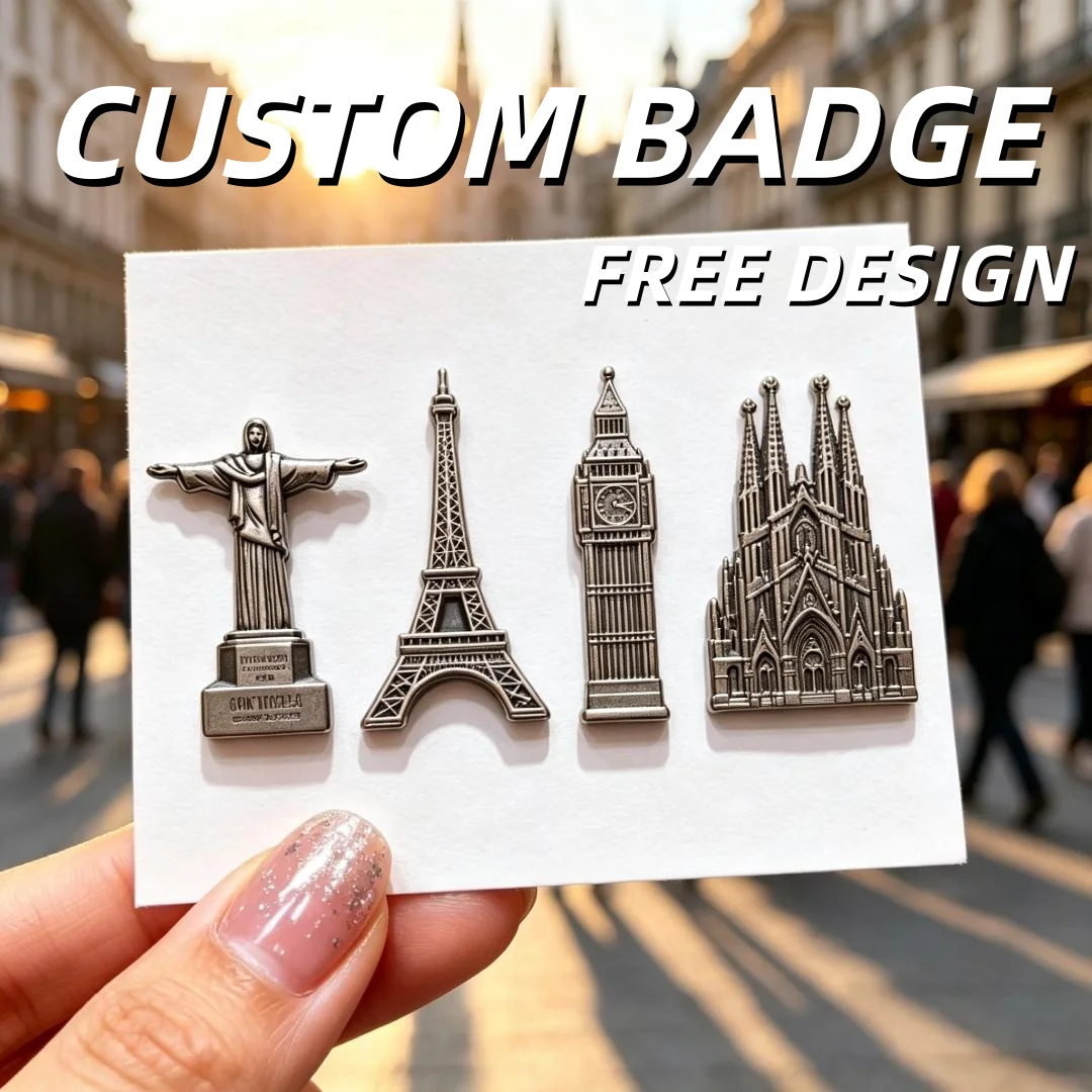 OEM Custom Landmark Metal Badge Zinc Alloy Stamped Antique Travel Souvenir Lapel Pin Gift Badge