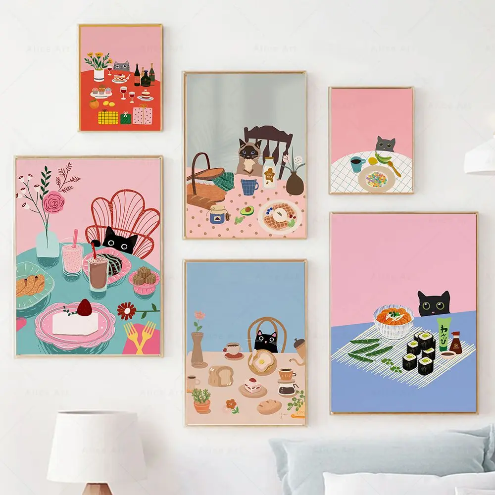 Funny Cat Kitchen Poster Coffee Cake Dessert Food Cat Print Colorful Dining Room Home Decor Aesthetic Wall Art Canvas Painting