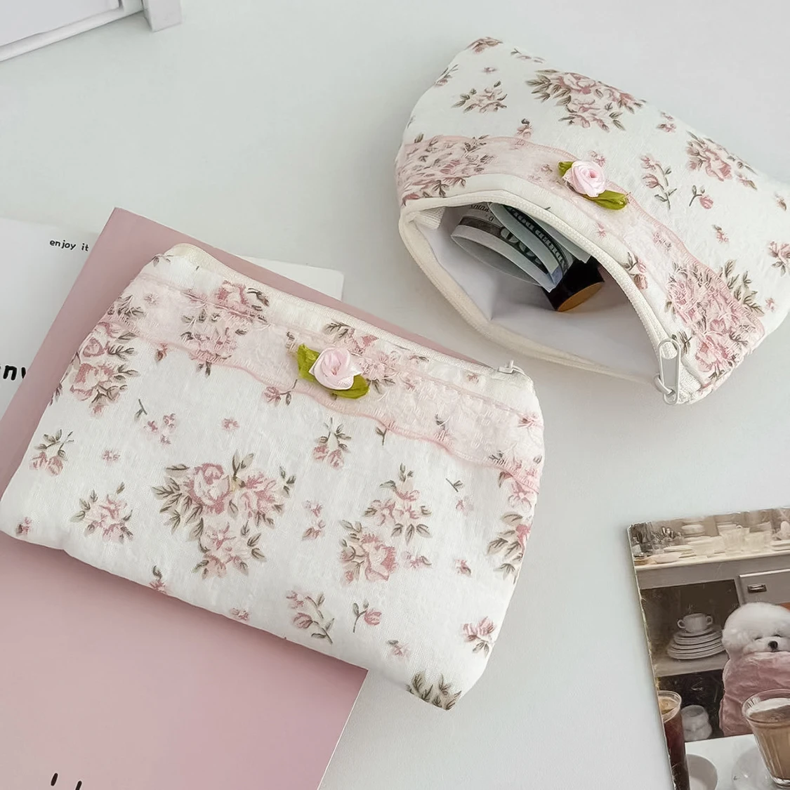Pink Flower Women Small Makeup Bag Travel Organizer Cosmetic Coins Handbag Pouch Gilrs Cute Bow Square Zipper Wallet Bags
