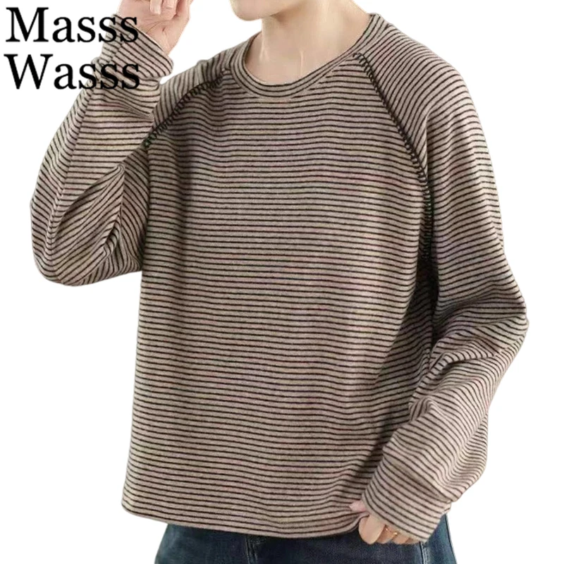 

Masss Wasss Winter Vintage Warm Striped Tops Womens 2025 Fashion Loose Long Sleeve T-shirts Ladies Classic Casual O Neck Clothes