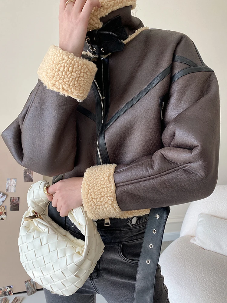 Ailegogo Autumn Winter Women Retro Loose Thick Warm Faux Lamb Fur Coat Streetwear Female Spliced Zipper Belt Jacket Outwear