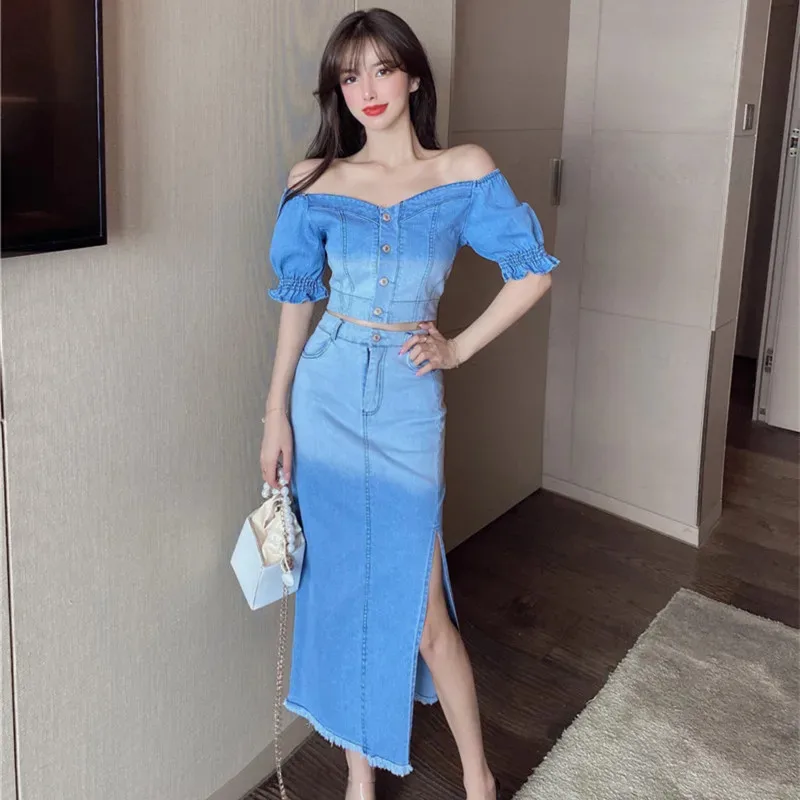 

Women's Fleece Tops and Skirt Sets, Off-Shoulder Tops, High-Waisted Split Denim Skirt, Sexy Cut Collar, Clothing