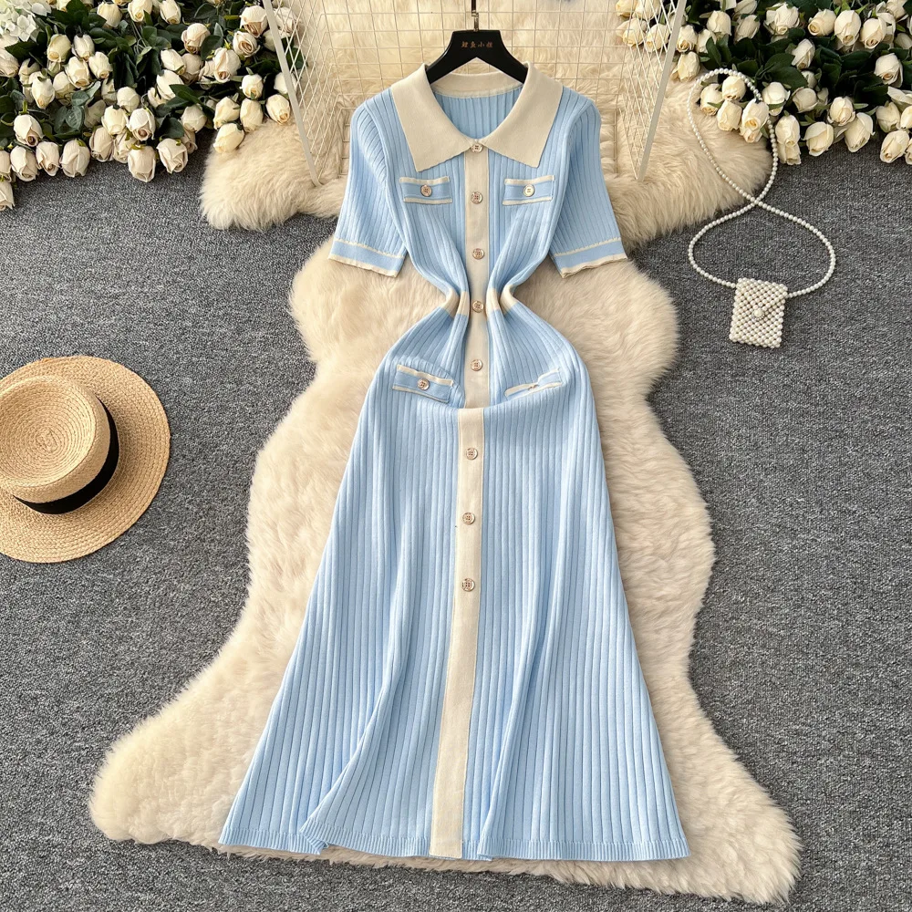 

Knit Women Striped Spliced Dresses Color Blocked Dress A Line Ankle Lenth Short Sleeve Waist Cinch Loose Elegant 2025 Autumn