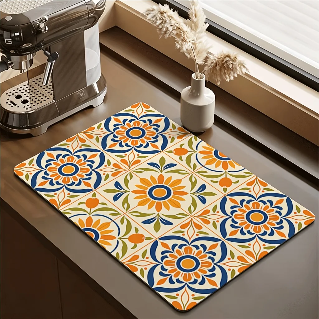 Vintage Moroccan Floral Absorbent Mat Coffee Maker Countertop Drying Pad Heat Resistant Bar Dining Table Home Placemats