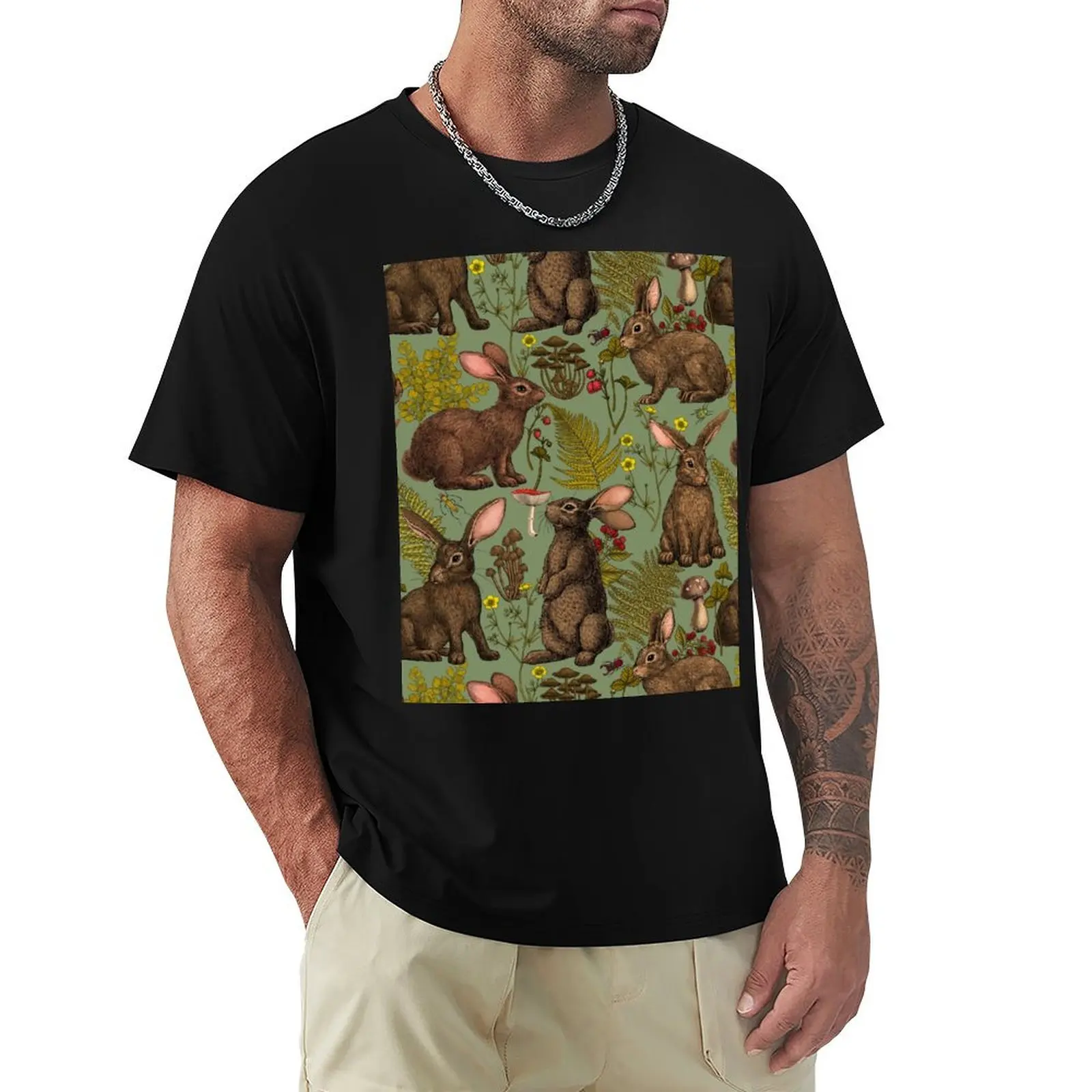 Rabbits and woodland flora T-Shirt Casual Fashion Short Sleeve Cotton T-Shirt