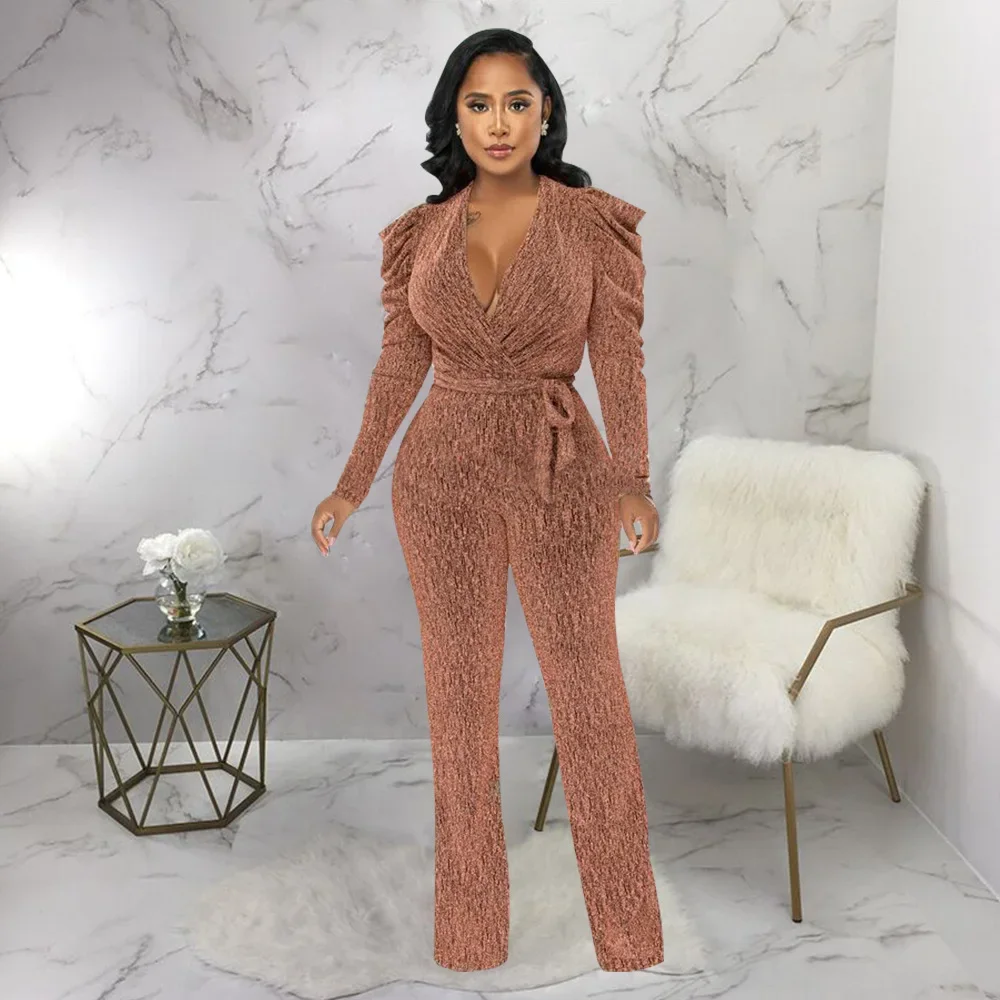 Vintage Women Puff Long Sleeve Sashes High Waist Wrap V-neck Straight Jumpsuit OL Fashion Street One Piece Suit Playsuit