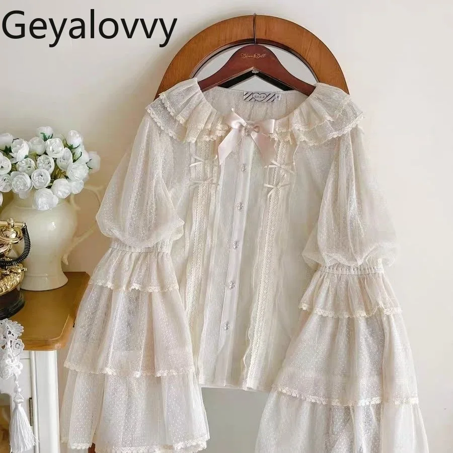 لوليتا الحلو لطيف الفتيات تنوعا قميص طويل الأكمام النمط الياباني بلون بلوزة جولة الرقبة Bowknot القمم الداخلية للنساء #1