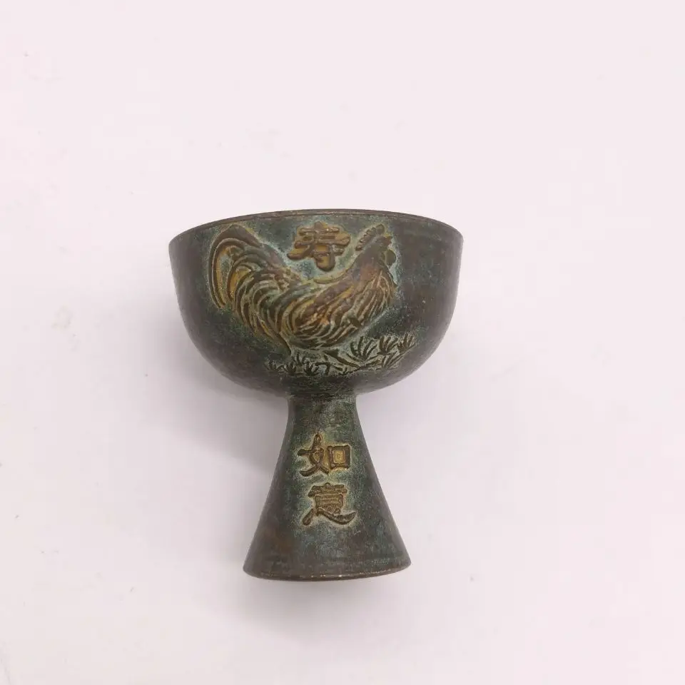 Old Chinese Dynasty Pure Bronze Animal Chickens Cock Statue Goblet Wineglass Cup