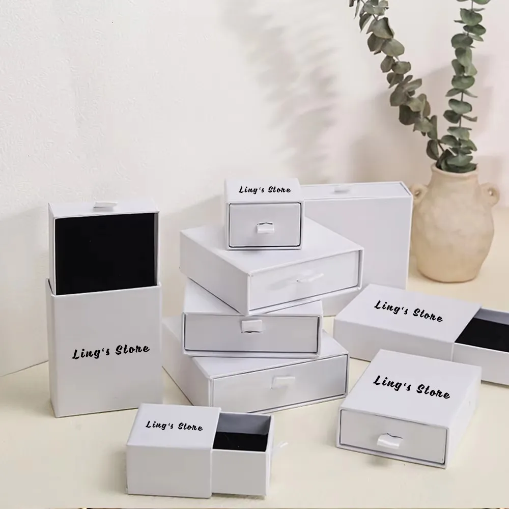 50Pcs Custom Logo Jewelry Paper Drawer Box For Rings Earrings Bracelet Pendant Necklace Packaging Travel Gift Display Organizer