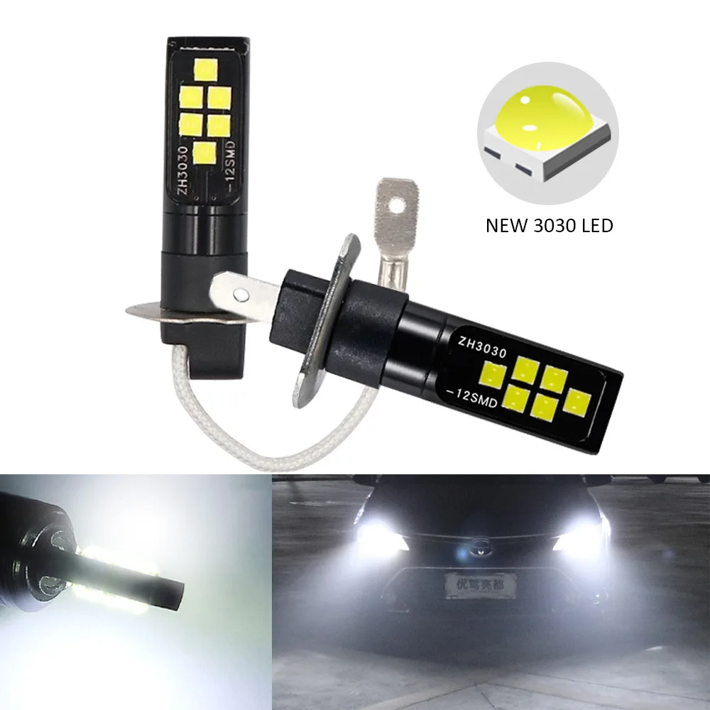 

2pcs H1 H3 3030 12Smd Car Led 12V-28V Light Bulb Chipset 6000K Led Bulb For Fog Lights White