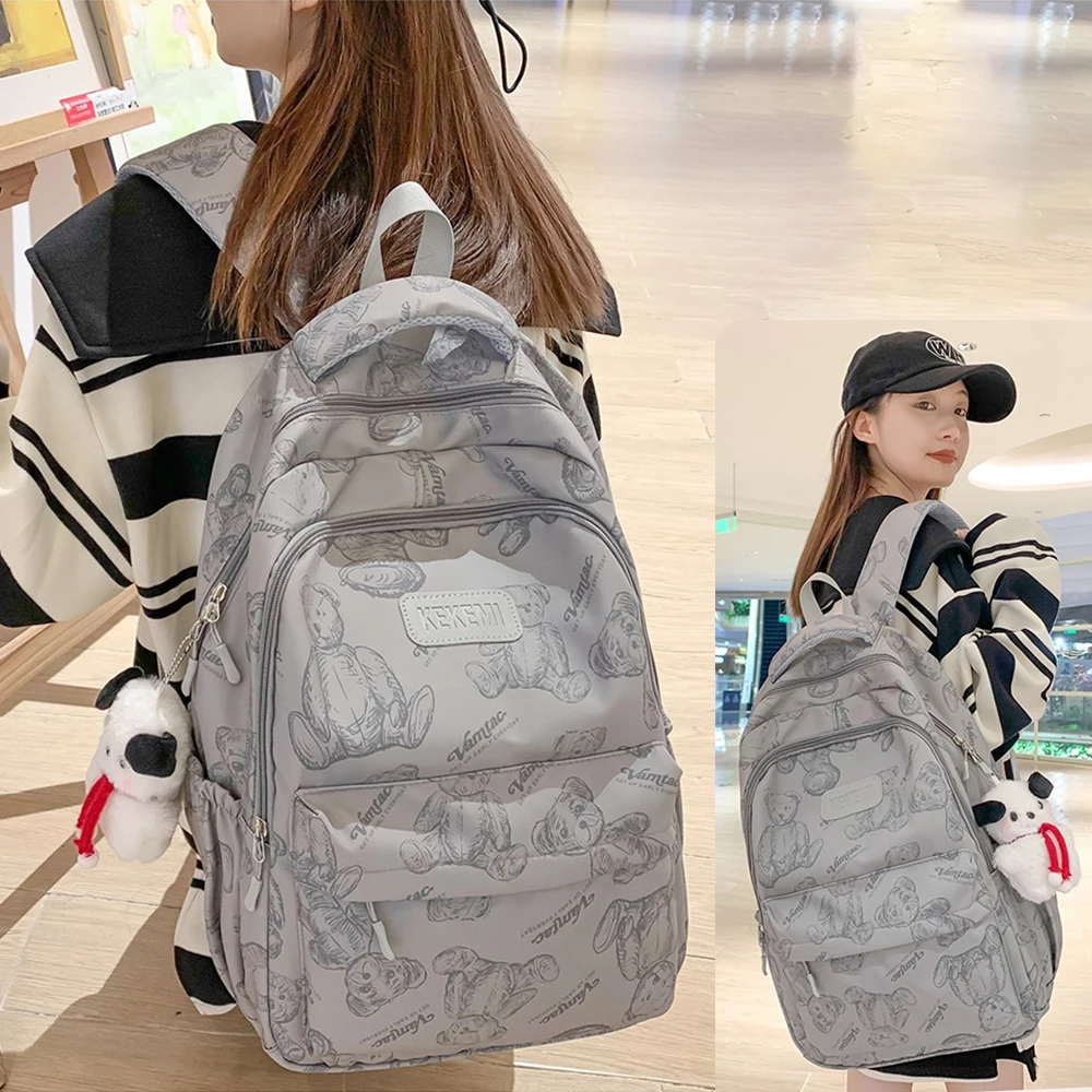 Zaino per Laptop di grande capacità moda impermeabile femminile Multi-tasca scuola adolescente viaggio studente orso stampato Bookbag