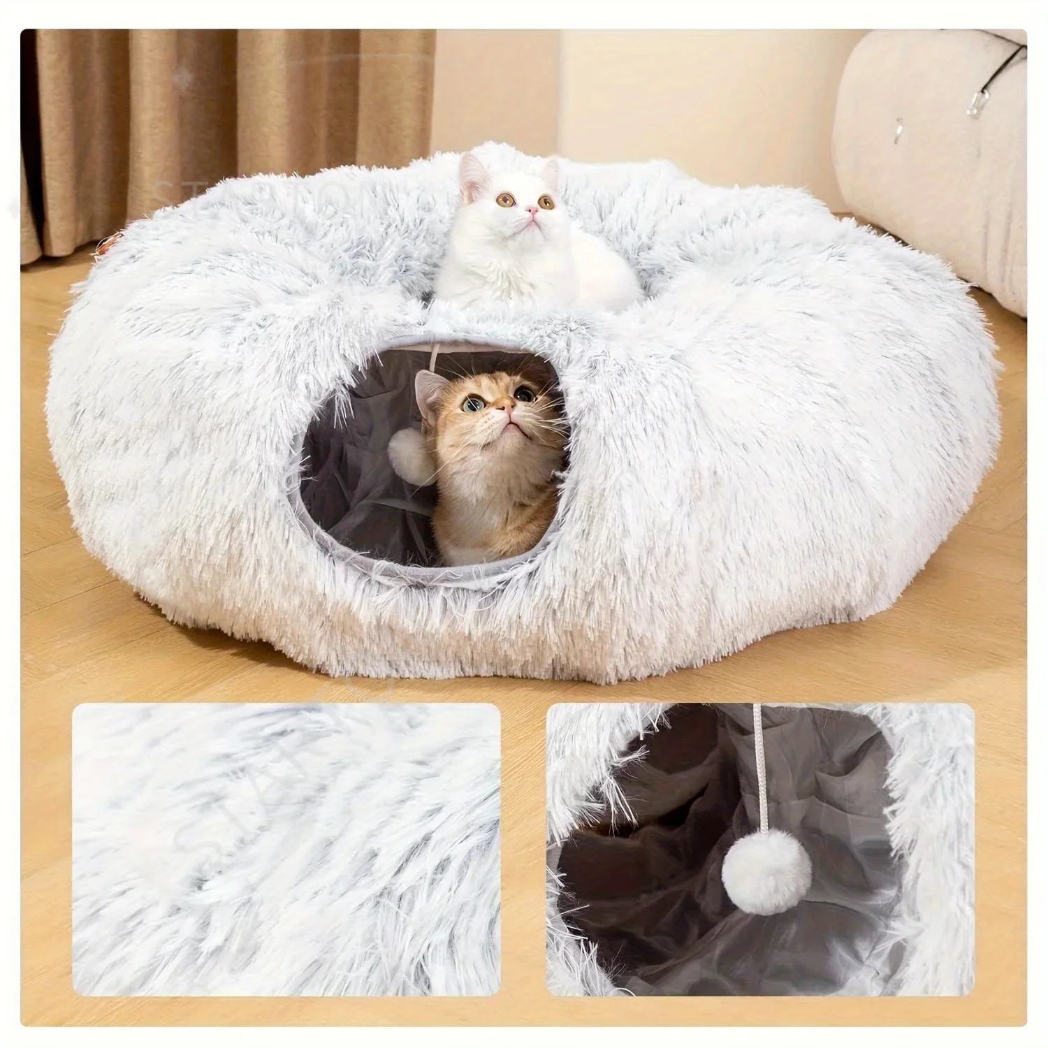Set of 2 plush cat beds, warm foldable houses with detachable tunnels, washable and cute pet nests