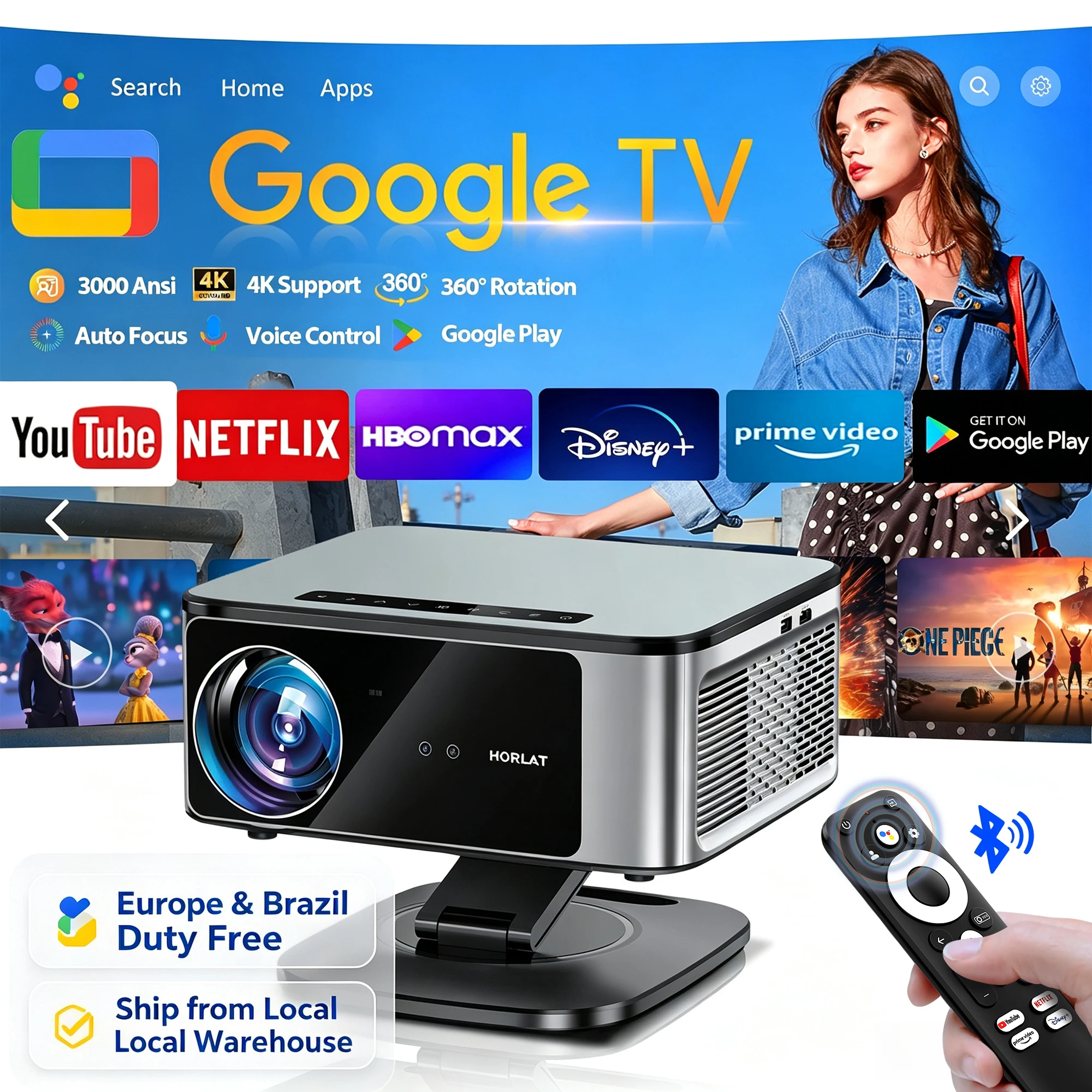 HORLAT T10PRO MAX Full HD 1080P Google TV Projektor 3000 ANSI Lumen Autofokus WiFi 6 3D 4K Unterstützung Smart Home Theater Beamer