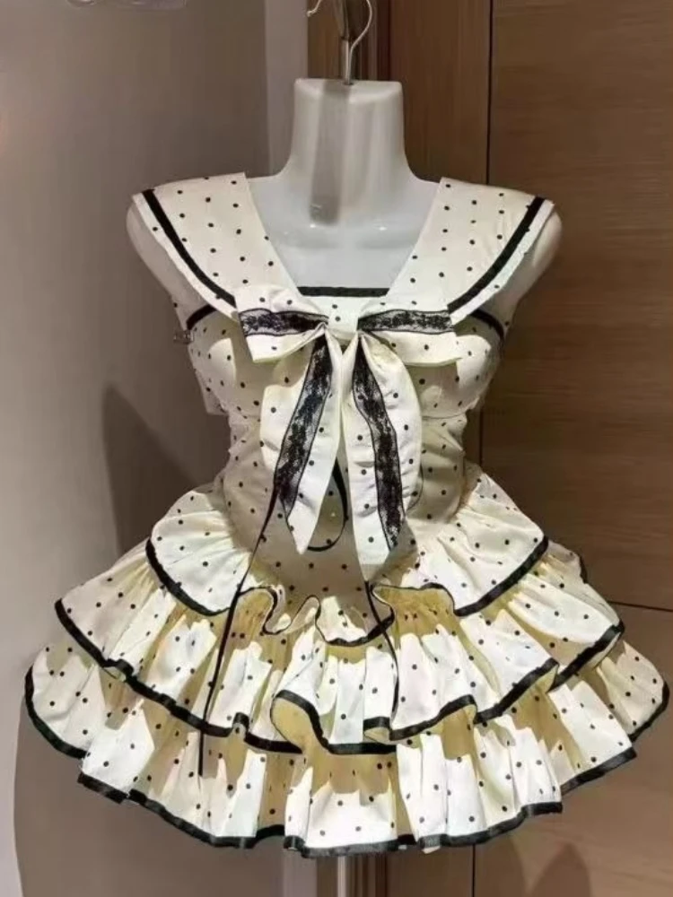 

Vintage Suits Y2k 2 Piece Sets Elegant Korean Fashion 2025 New Cute Sweet Girl Puffy Dress Bow Polka Dot Waist Cake Dress Summer